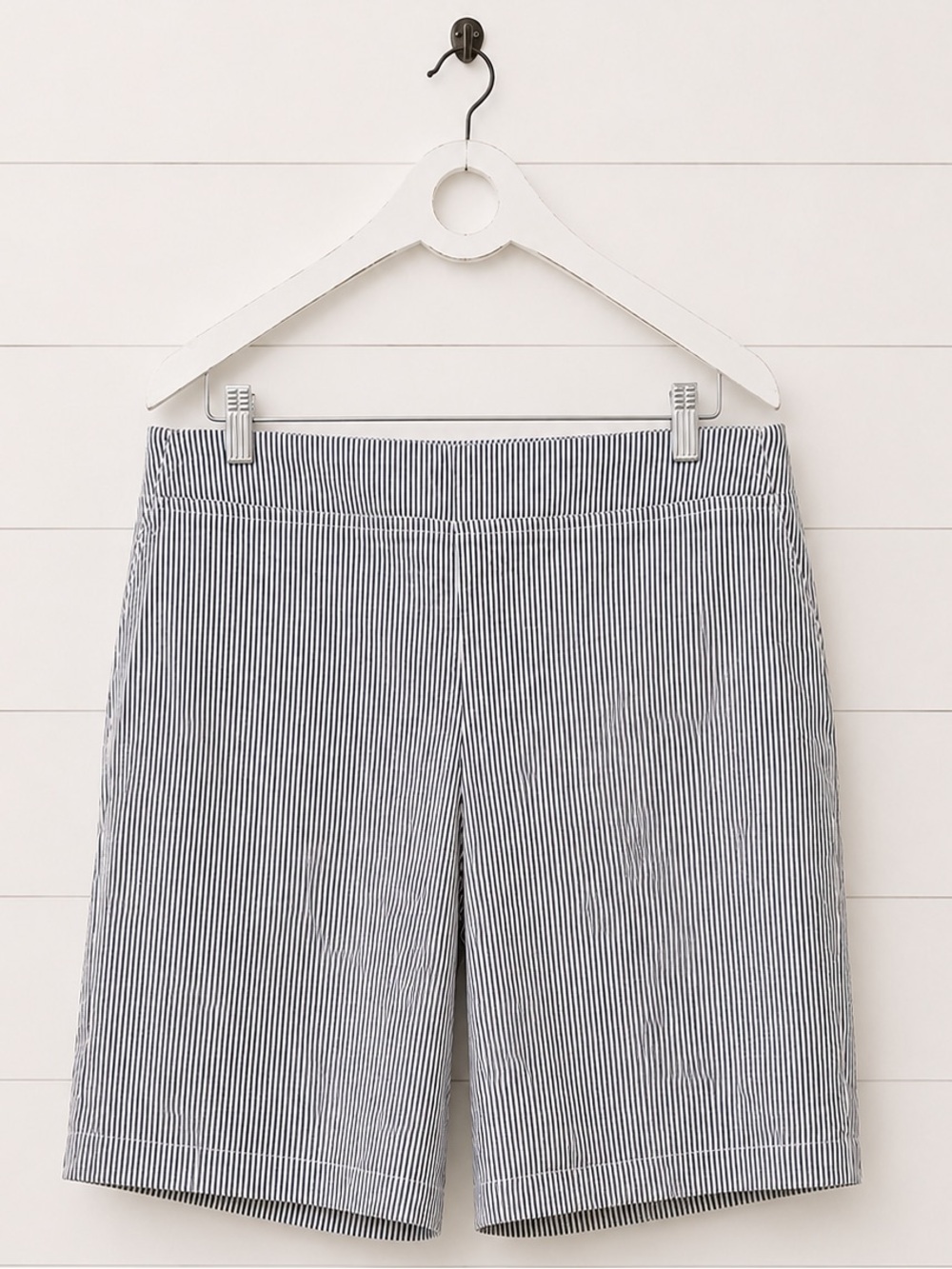 Dalia Grey and White Pinstripe Flat-Front Shorts